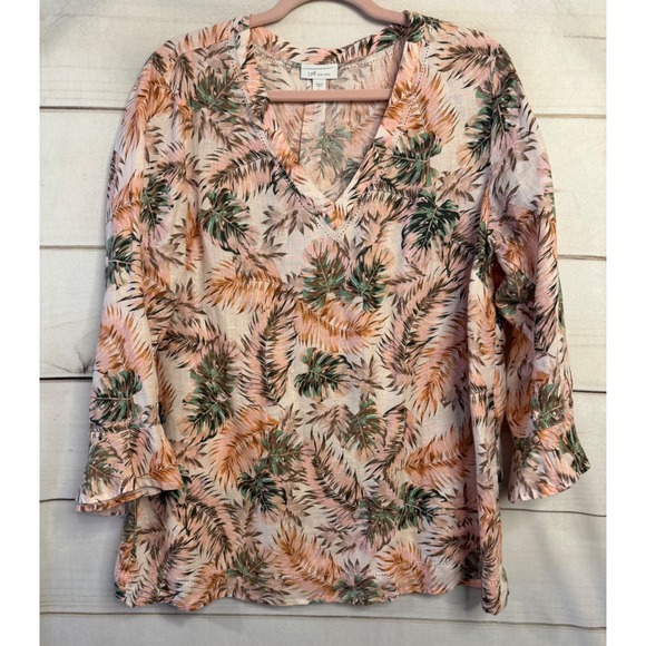 J. Jill Tops - J. Jill Love Linen Tropical Palm Print V-Neck Bell Sleeve Tunic Top Pink Lg Tall